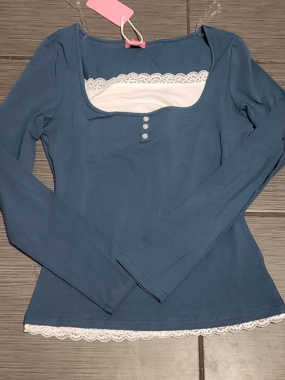 Ruby Rd. Blue Long-Sleeve Scoop Neck Top with White Lace Trim